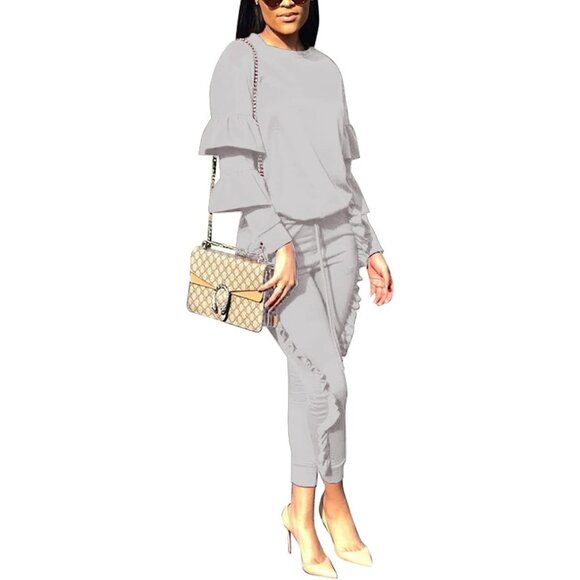 Chic Women's 2-Piece Puff Sleeve Tracksuit Set - Comfortable & Stylish - Picture 1 of 6